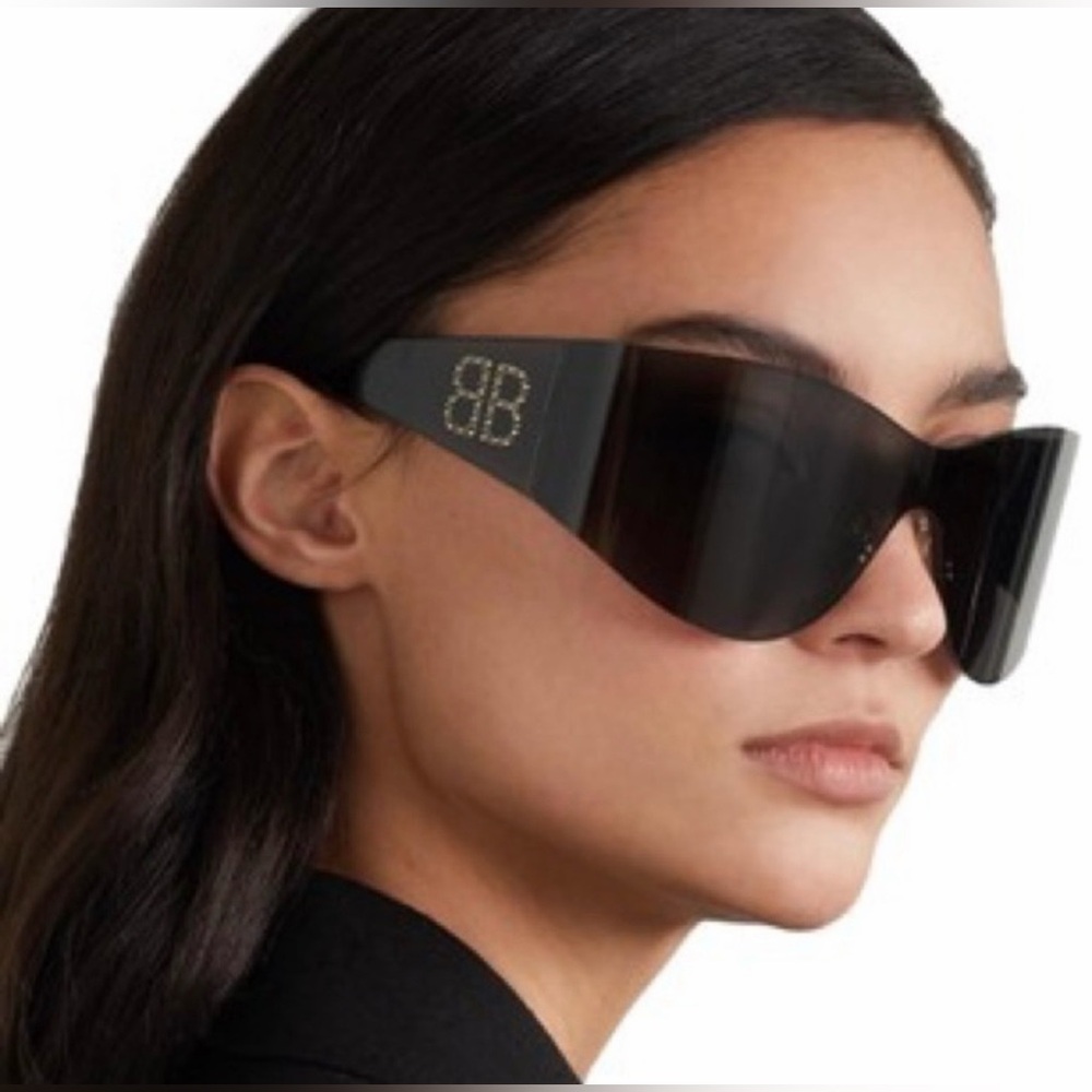 BALENCIAGA BBO122S Mono Mask Shield Sunglasses Crystal “BB” Logo Sides Inc Case